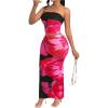 imageMakeMeChic Womens Two Piece Outfit Floral Strapless Bandeau Crop Tops and Bodycon Maxi Skirt SetHot Pink