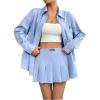 imageMakeMeChic Womens Two Piece Outfit Striped Button Down Shirt and Pleated Skirt Matching SetBlue B