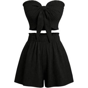 imageMakeMeChic Womens 2 Piece Outfit Shirred Tie Front Sleeveless Bandeau Summer Tube Top and Wide Leg Shorts SetBlack