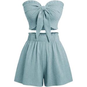 imageMakeMeChic Womens 2 Piece Outfit Shirred Tie Front Sleeveless Bandeau Summer Tube Top and Wide Leg Shorts SetBlue