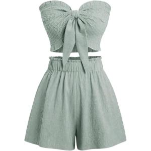 imageMakeMeChic Womens 2 Piece Outfit Shirred Tie Front Sleeveless Bandeau Summer Tube Top and Wide Leg Shorts SetGreen