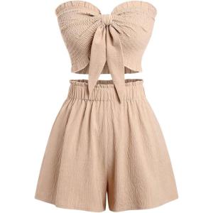 imageMakeMeChic Womens 2 Piece Outfit Shirred Tie Front Sleeveless Bandeau Summer Tube Top and Wide Leg Shorts SetKhaki