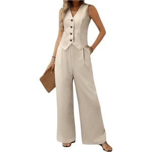 imageMakeMeChic Womens 2 Piece Outfit Sleeveless Button Down Vest Blazer and Wide Leg Pants Suit Matching SetApricot