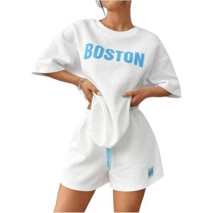 imageMakeMeChic Womens 2 Piece Outfits Half Sleeve Crew Neck Letter Print Tee and Track Shorts SetWhite and Blue