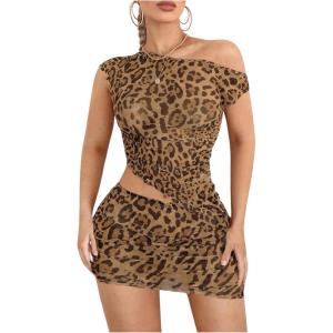 imageMakeMeChic Womens 2 Piece Outfits Leopard Print Asymmetrical Neck Crop Top and Mini Skirt SetMulticolor