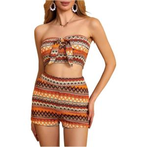 imageMakeMeChic Womens 2 Piece Outfits Tribal Print Knot Front Bandeau Crop Top and Shorts Boho SetMulticolor