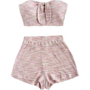 imageMakeMeChic Womens 2 Piece Outfits Tribal Print Knot Front Bandeau Crop Top and Shorts Boho SetMulticolor C