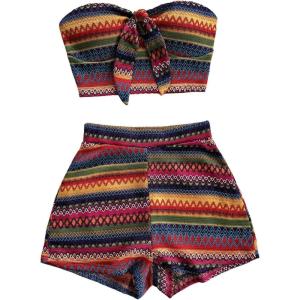 imageMakeMeChic Womens 2 Piece Outfits Tribal Print Knot Front Bandeau Crop Top and Shorts Boho SetMulticolorb