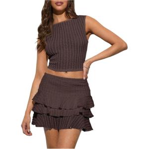 imageMakeMeChic Womens 2 Piece Textured Outfit Sleeveless Crop Tops and Ruffle Layered Mini Skirt SetBrown