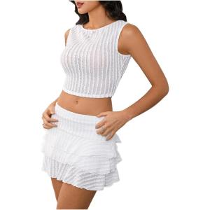 imageMakeMeChic Womens 2 Piece Textured Outfit Sleeveless Crop Tops and Ruffle Layered Mini Skirt SetWhite