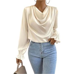 imageMakeMeChic Womens Casual Cowl Neck Draped Ruffle Trim Lantern Long Sleeve Satin Blouse Shirt TopsApricot