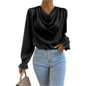 imageMakeMeChic Womens Casual Cowl Neck Draped Ruffle Trim Lantern Long Sleeve Satin Blouse Shirt TopsBlack