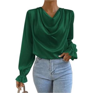 imageMakeMeChic Womens Casual Cowl Neck Draped Ruffle Trim Lantern Long Sleeve Satin Blouse Shirt TopsGreen