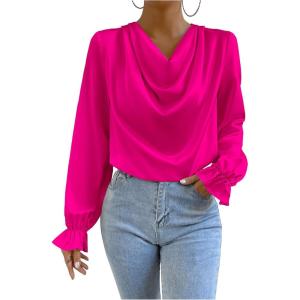 imageMakeMeChic Womens Casual Cowl Neck Draped Ruffle Trim Lantern Long Sleeve Satin Blouse Shirt TopsHot Pink
