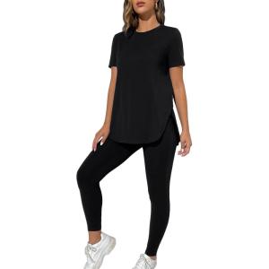 imageMakeMeChic Womens Casual Solid 2 Piece Short Sleeve Split Hem Tee Tops and Skinny Pants Leggings SetBlack