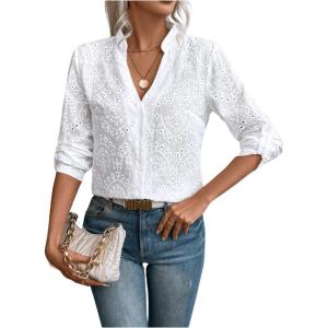 imageMakeMeChic Womens Eyelet Embroidery Long Sleeve Blouses Notch Neck Shirt TopsWhite