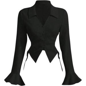 imageMakeMeChic Womens Flared Sleeve Tie Side Ruched Asymmetrical Hem Button Down Shirt BlousesBlack