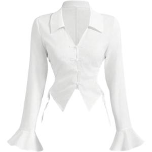 imageMakeMeChic Womens Flared Sleeve Tie Side Ruched Asymmetrical Hem Button Down Shirt BlousesWhite