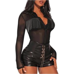 imageMakeMeChic Womens Fringe Long Sleeve Button Down Shirts Mesh Sheer Collared Blouse Party TopsBlack