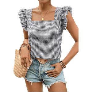 imageMakeMeChic Womens Gingham Print Blouse Top Square Neck Ruffle Short Sleeve Boho Casual ShirtsBlack and White