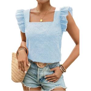 imageMakeMeChic Womens Gingham Print Blouse Top Square Neck Ruffle Short Sleeve Boho Casual ShirtsBlue