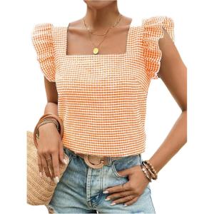 imageMakeMeChic Womens Gingham Print Blouse Top Square Neck Ruffle Short Sleeve Boho Casual ShirtsOrange