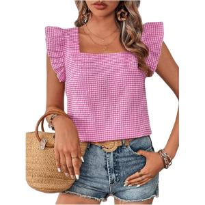 imageMakeMeChic Womens Gingham Print Blouse Top Square Neck Ruffle Short Sleeve Boho Casual ShirtsPink