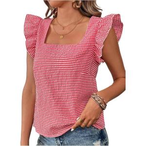 imageMakeMeChic Womens Gingham Print Blouse Top Square Neck Ruffle Short Sleeve Boho Casual ShirtsRed and White