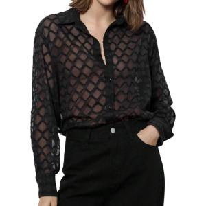 imageMakeMeChic Womens Long Sleeve Mesh Sheer Collared Button Down Shirts Blouse TopsBlack