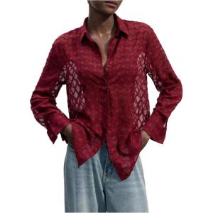 imageMakeMeChic Womens Long Sleeve Mesh Sheer Collared Button Down Shirts Blouse TopsBurgundy