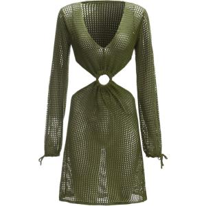 imageMakeMeChic Womens Long Sleeve V Neck Cut Out Summer Beach Cover Up DressArmy Green