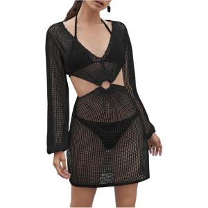 imageMakeMeChic Womens Long Sleeve V Neck Cut Out Summer Beach Cover Up DressBlack