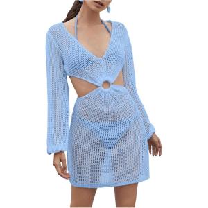 imageMakeMeChic Womens Long Sleeve V Neck Cut Out Summer Beach Cover Up DressBlue