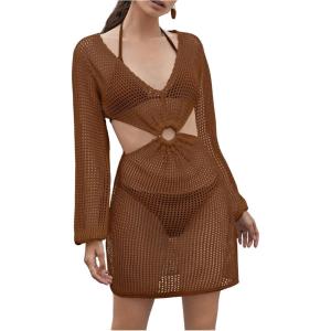 imageMakeMeChic Womens Long Sleeve V Neck Cut Out Summer Beach Cover Up DressCoffee Brown