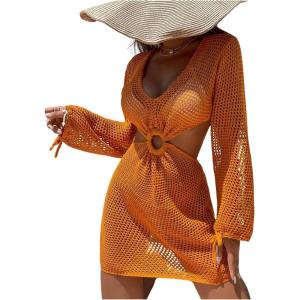 imageMakeMeChic Womens Long Sleeve V Neck Cut Out Summer Beach Cover Up DressCoral Orange