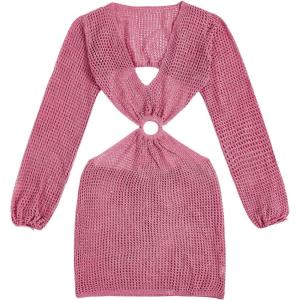 imageMakeMeChic Womens Long Sleeve V Neck Cut Out Summer Beach Cover Up DressDusty Pink