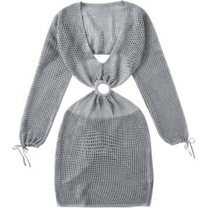 imageMakeMeChic Womens Long Sleeve V Neck Cut Out Summer Beach Cover Up DressGrey