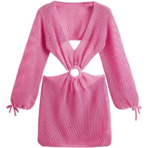 imageMakeMeChic Womens Long Sleeve V Neck Cut Out Summer Beach Cover Up DressHot Pink