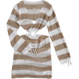 imageMakeMeChic Womens Long Sleeve V Neck Cut Out Summer Beach Cover Up DressKhaki Striped
