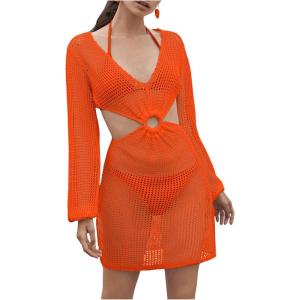 imageMakeMeChic Womens Long Sleeve V Neck Cut Out Summer Beach Cover Up DressLight Orange