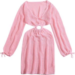 imageMakeMeChic Womens Long Sleeve V Neck Cut Out Summer Beach Cover Up DressPink