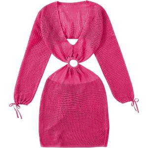 imageMakeMeChic Womens Long Sleeve V Neck Cut Out Summer Beach Cover Up DressRose Red