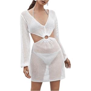 imageMakeMeChic Womens Long Sleeve V Neck Cut Out Summer Beach Cover Up DressWhite