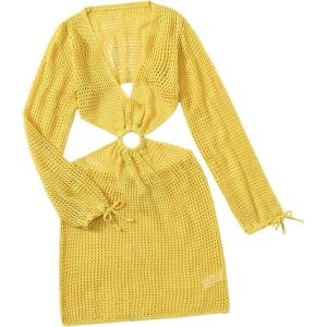 imageMakeMeChic Womens Long Sleeve V Neck Cut Out Summer Beach Cover Up DressYellow