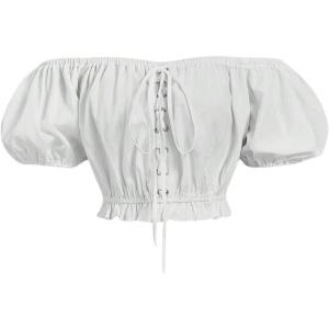 imageMakeMeChic Womens Off The Shoulder Crop Tops Puff Sleeve Lace Up Ruffle Retro BlouseWhite
