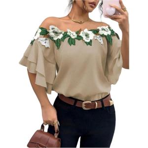 imageMakeMeChic Womens Off The Shoulder Top Tassel Textured Blouse Boho Ruffle Tiered Short Sleeve ShirtsKhaki