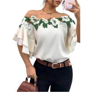 imageMakeMeChic Womens Off The Shoulder Top Tassel Textured Blouse Boho Ruffle Tiered Short Sleeve ShirtsMulticolor
