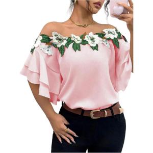 imageMakeMeChic Womens Off The Shoulder Top Tassel Textured Blouse Boho Ruffle Tiered Short Sleeve ShirtsPink