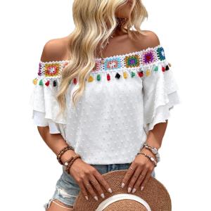 imageMakeMeChic Womens Off The Shoulder Top Tassel Textured Blouse Boho Ruffle Tiered Short Sleeve ShirtsWhite