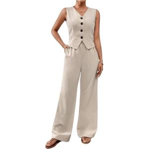 imageMakeMeChic Womens Pant Suits Dressy 2 Piece Sets V Neck Button Down Sleeveless Blazer Vest Tops and Wide Leg Pants SetsApricot